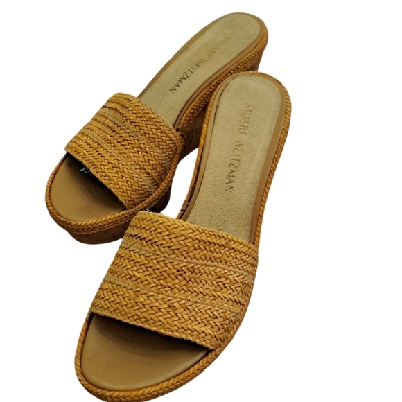 Stuart Weitzman Tan Woven raffia Cork platform Sandals 9 - Picture 1 of 3
